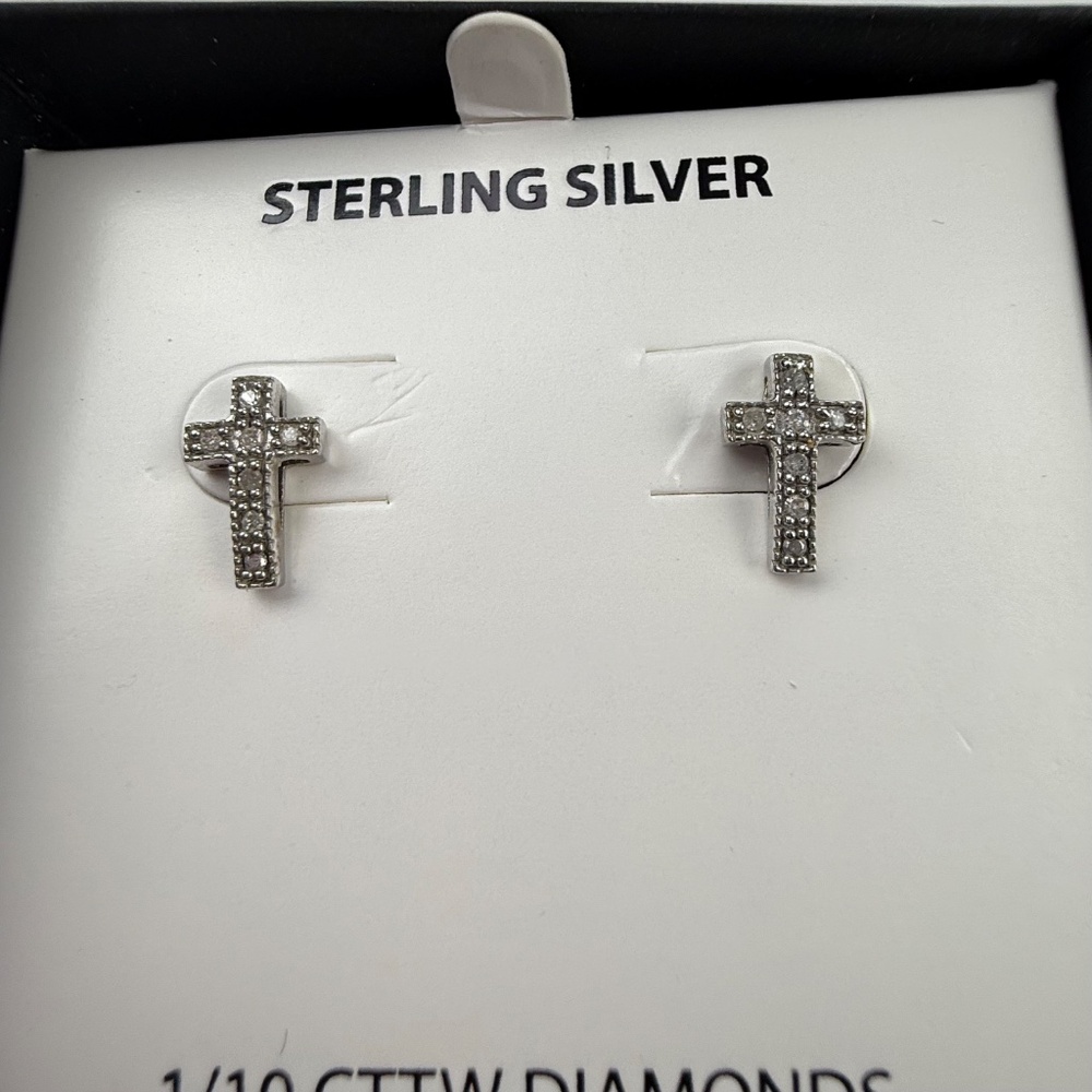 Womens Sterling Silver Diamond Accent Cross Stud Earrings - Picture 3 of 5